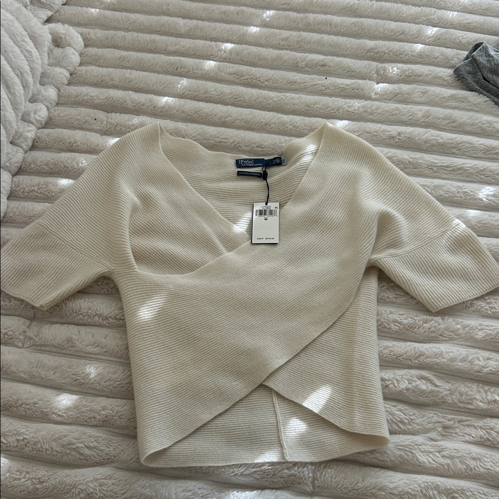Express Cream Ribbed Wrap Blouse